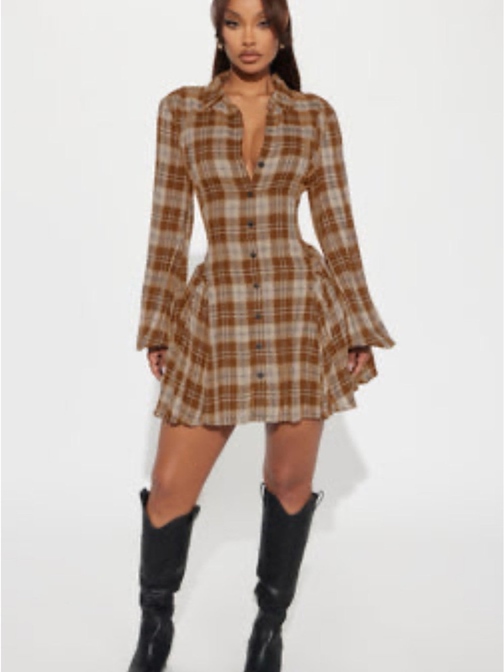 Rianne Plaid Button-Front Mini Dress in Brown